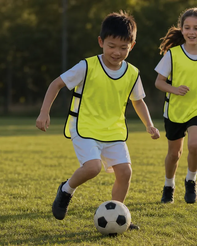 A boy dribbling a soccer ball in a neon yellow SportsRepublik pinnie, a teammate running behind him