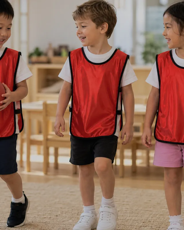 Three preschoolers in red SportsRepublik pinnies worn over t-shirts — open sides, black bound edges and the twin elastic side straps