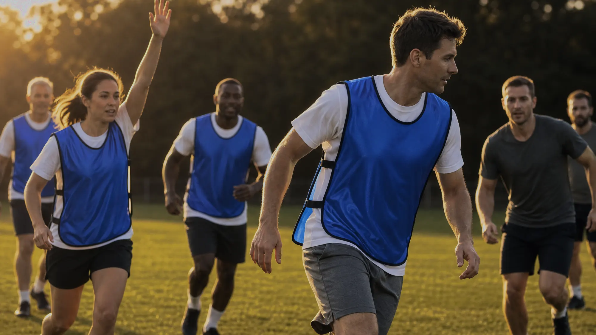 An evening scrimmage: five players in blue SportsRepublik pinnies worn over their own t-shirts, running against teammates in plain kit
